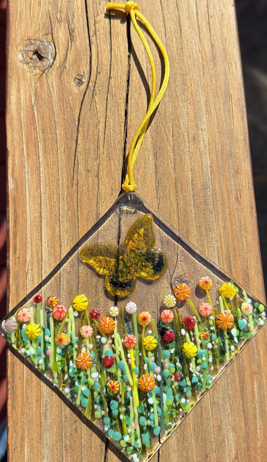Fused Glass Handmade Diamond Shaped Multicolored Sun Catcher Signed By Artist