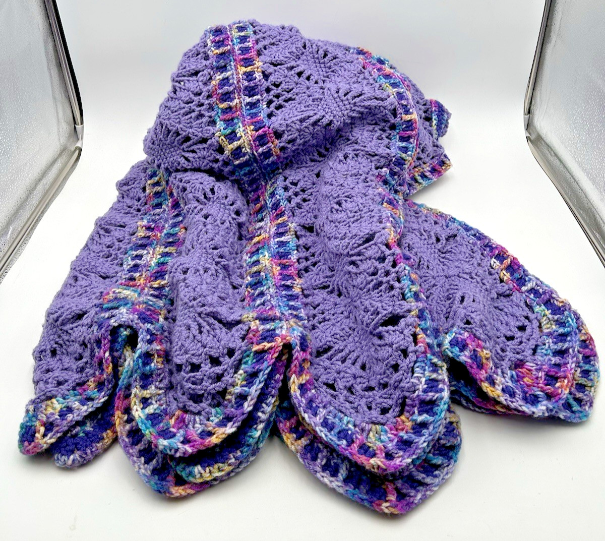 Handmade Crochet Purple Lilac Lace Stitch Ripple Afghan Throw Blanket 56X80