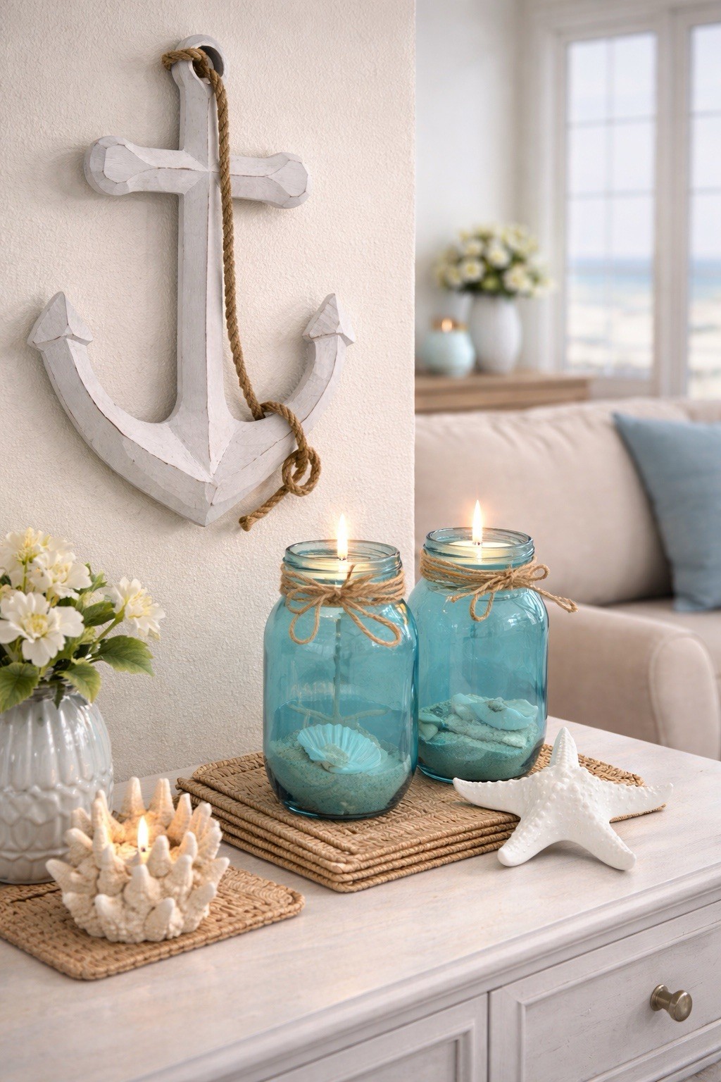 Nautical Coastal Decor Set Anchor Wall Art Blue Candle Jars Starfish Beach