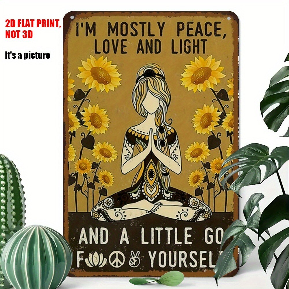 Hippie Yoga Girl Metal Tin Signs Wall Art Peace Love Light Inspirational Plaque