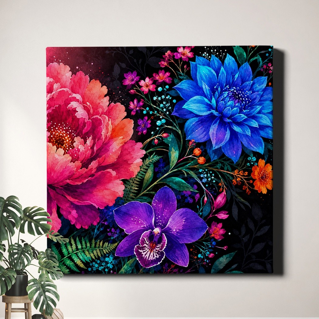 Floral Abstract Art Print Bright Flowers on Black Background
