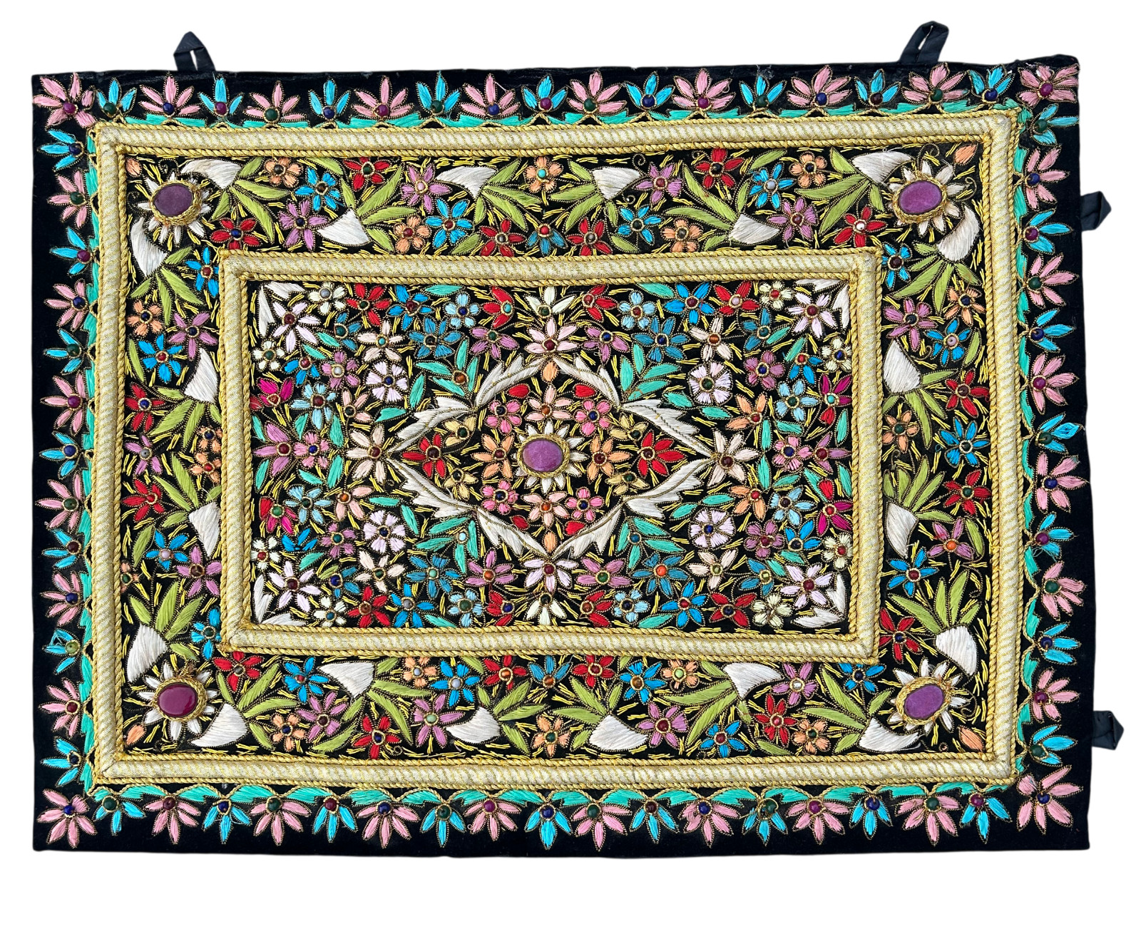 Rugs Jewel Carpet Wall Hanging Flower ½&rsquo; X 2&prime; Hand Embroidery Gemstone Zardozi