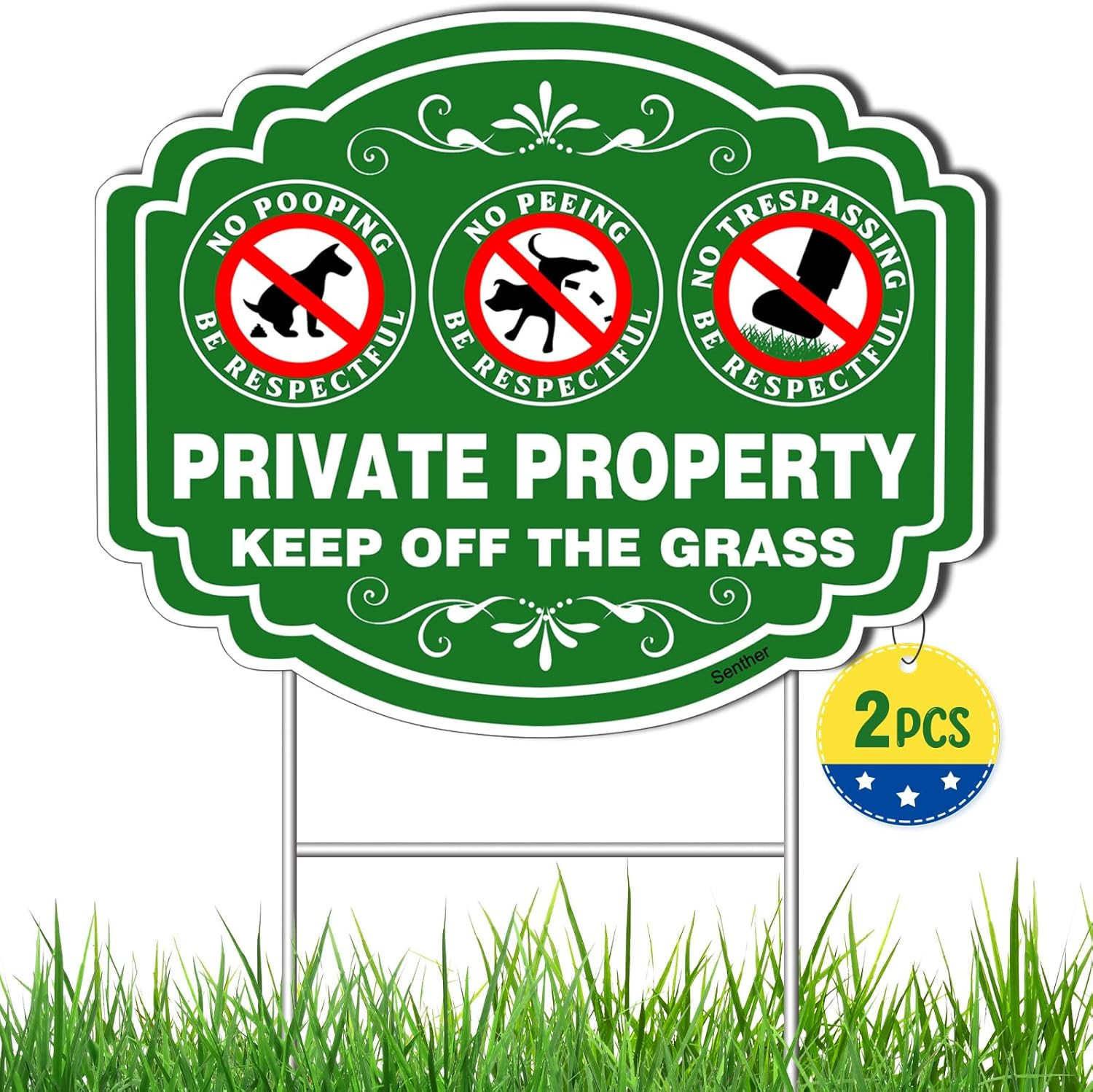 2 PC No Dog Poop Sign – 14‘’×11‘’ Double Sided Yard Signs with Metal H-Stake | N