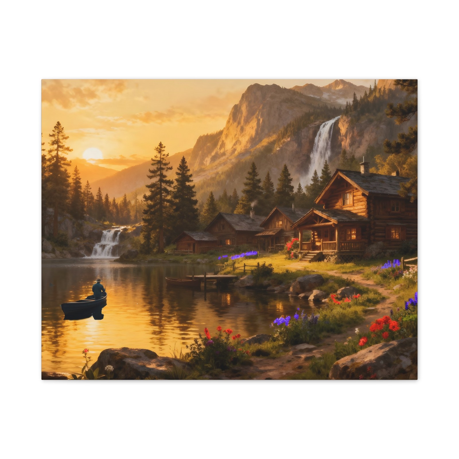 Idaho Fishing In Heaven Cabin Mountains Lake Painting Canvas Wrap Up to 20×24