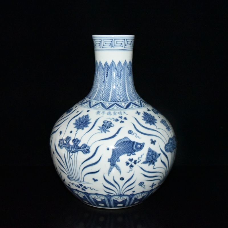 11.4&Prime;Ming Dynasty Blue&white Porcelain Fish Zun Cup Bottle Pot Vase Jar Statue