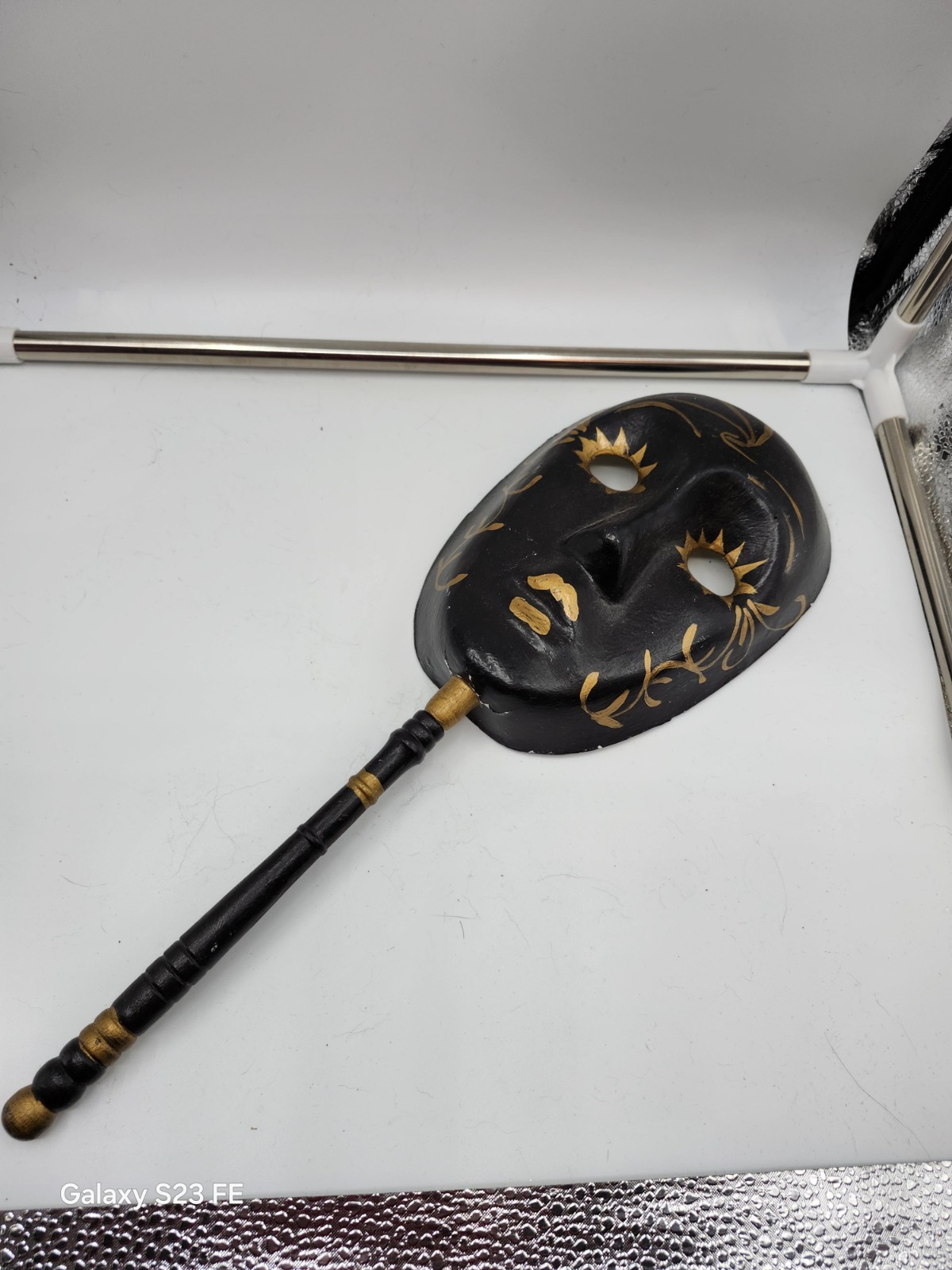 Vintage Harlequin Paper Mache Handle Mask Black with Gold Accents