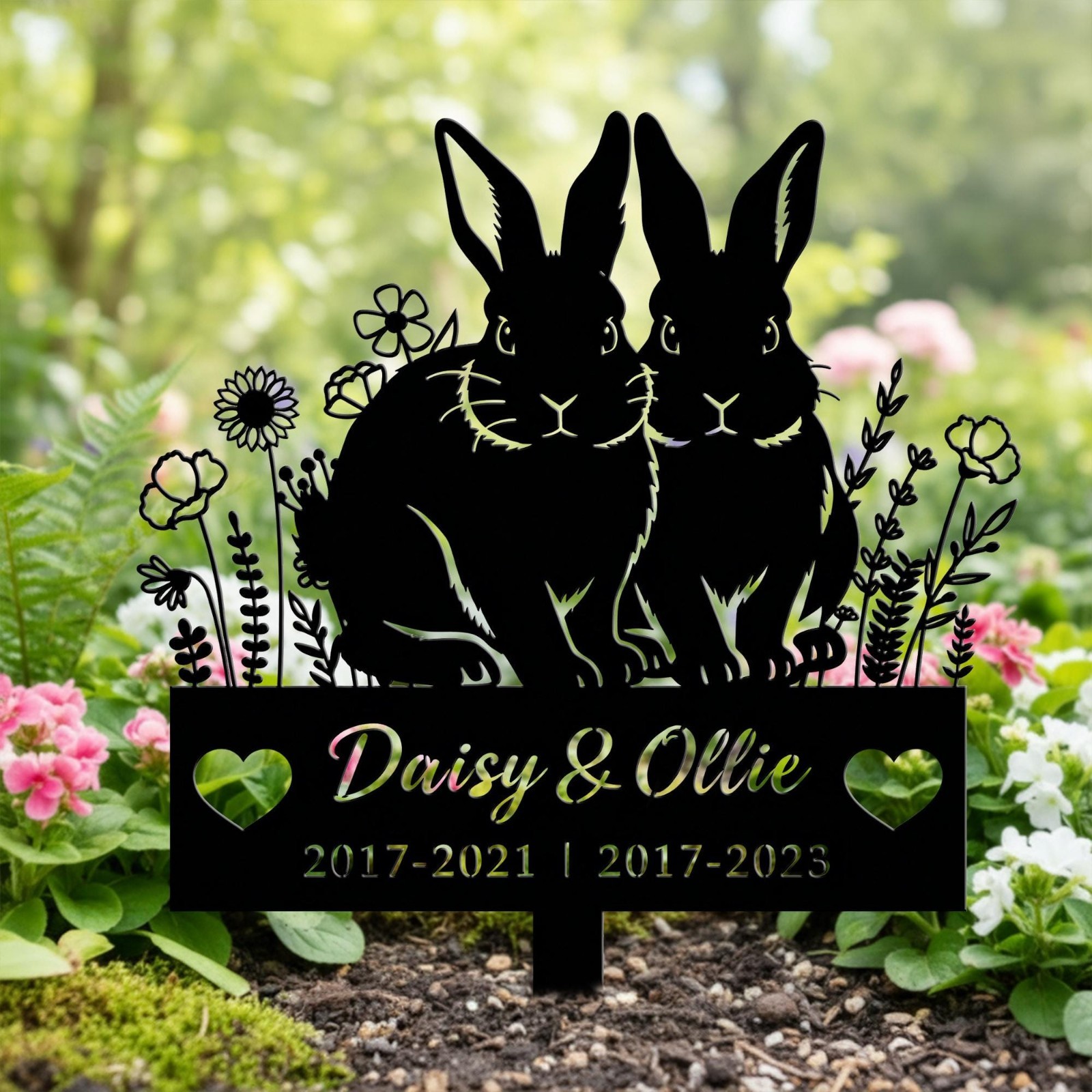 Custom Two Rabbit Pet Memorial Metal Stake, Rabbit Lover Sympathy Gift