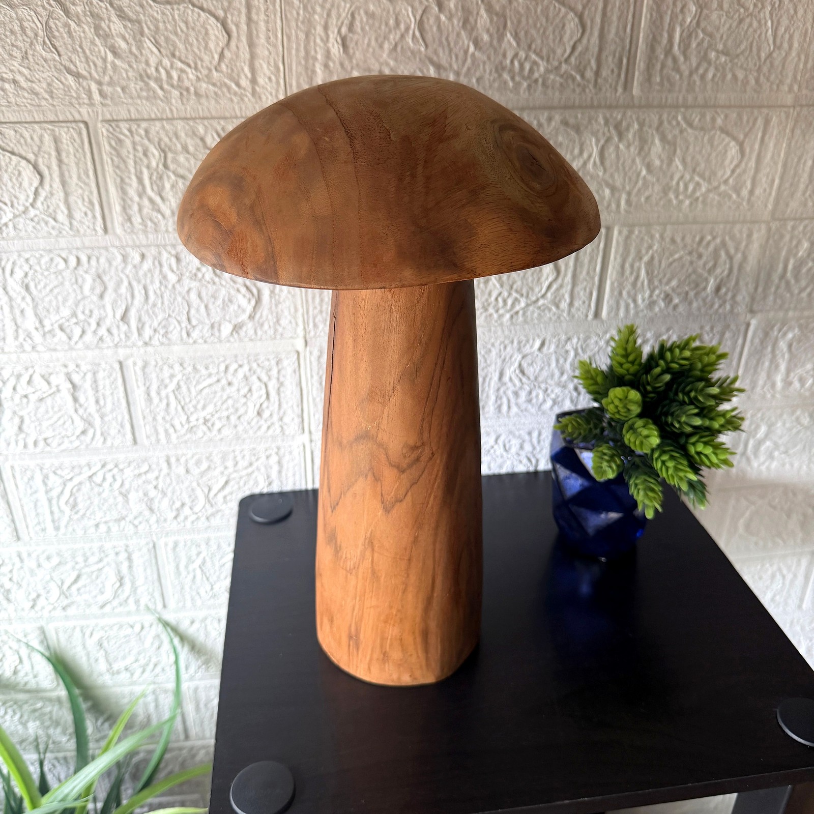 Wood Mushroom Statue 12.5 in Natural Solid Wood Freestanding Sculpture