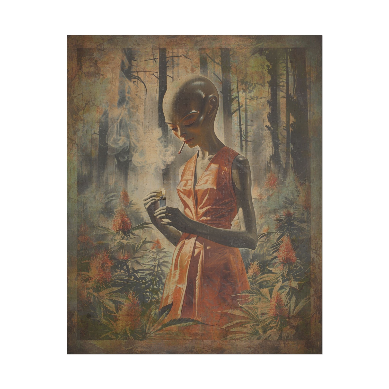 Vintage ALIEN GIRL CANNABIS Wall Art, Sci-fi Cryptid Decor, 420 Pot Weed Poster
