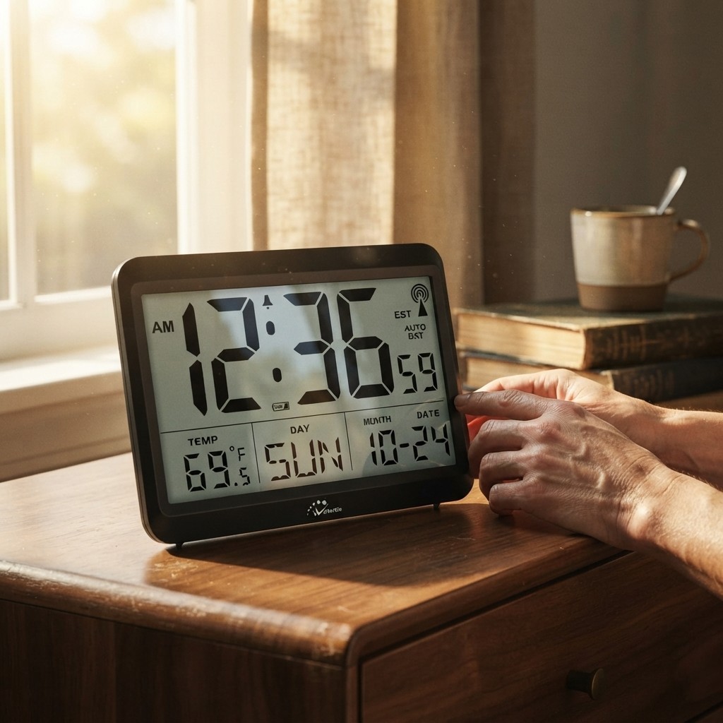 Elegant Atomic Digital Clock, Silent Operation with Large Clear Display & Alarm