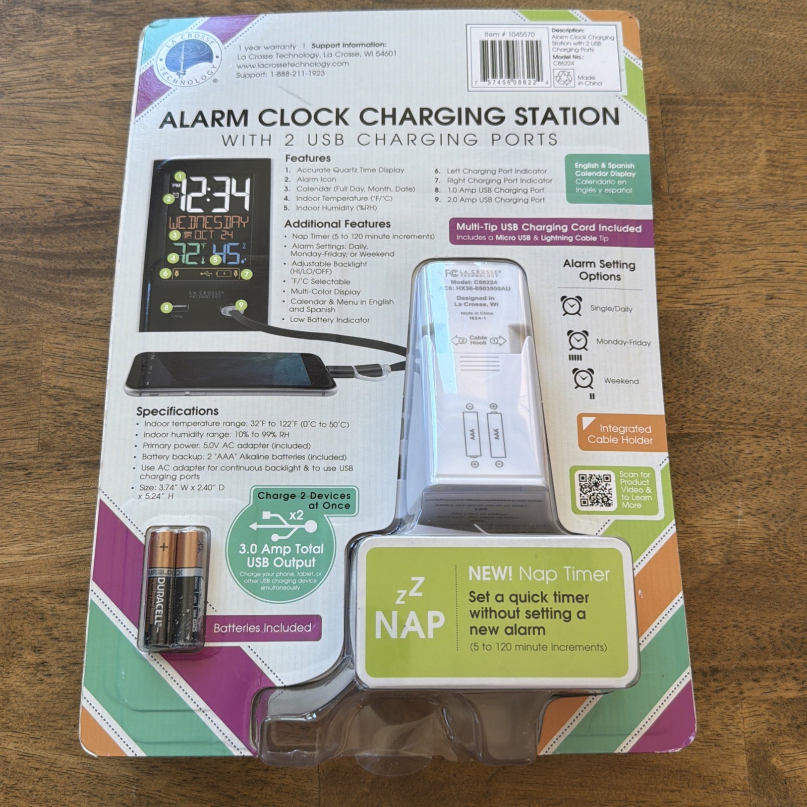 New! La Crosse Technology Alarm Clock Charging Station With 2 USB Charging Ports