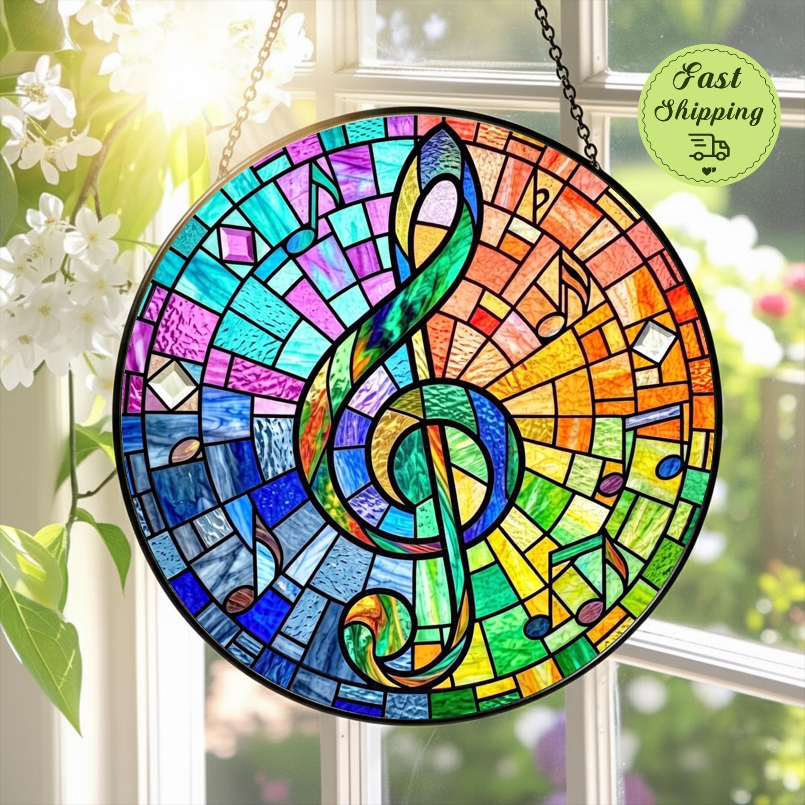 Treble Clef Musical Stained Glass Suncatcher – Artistic Gift for Musicians
