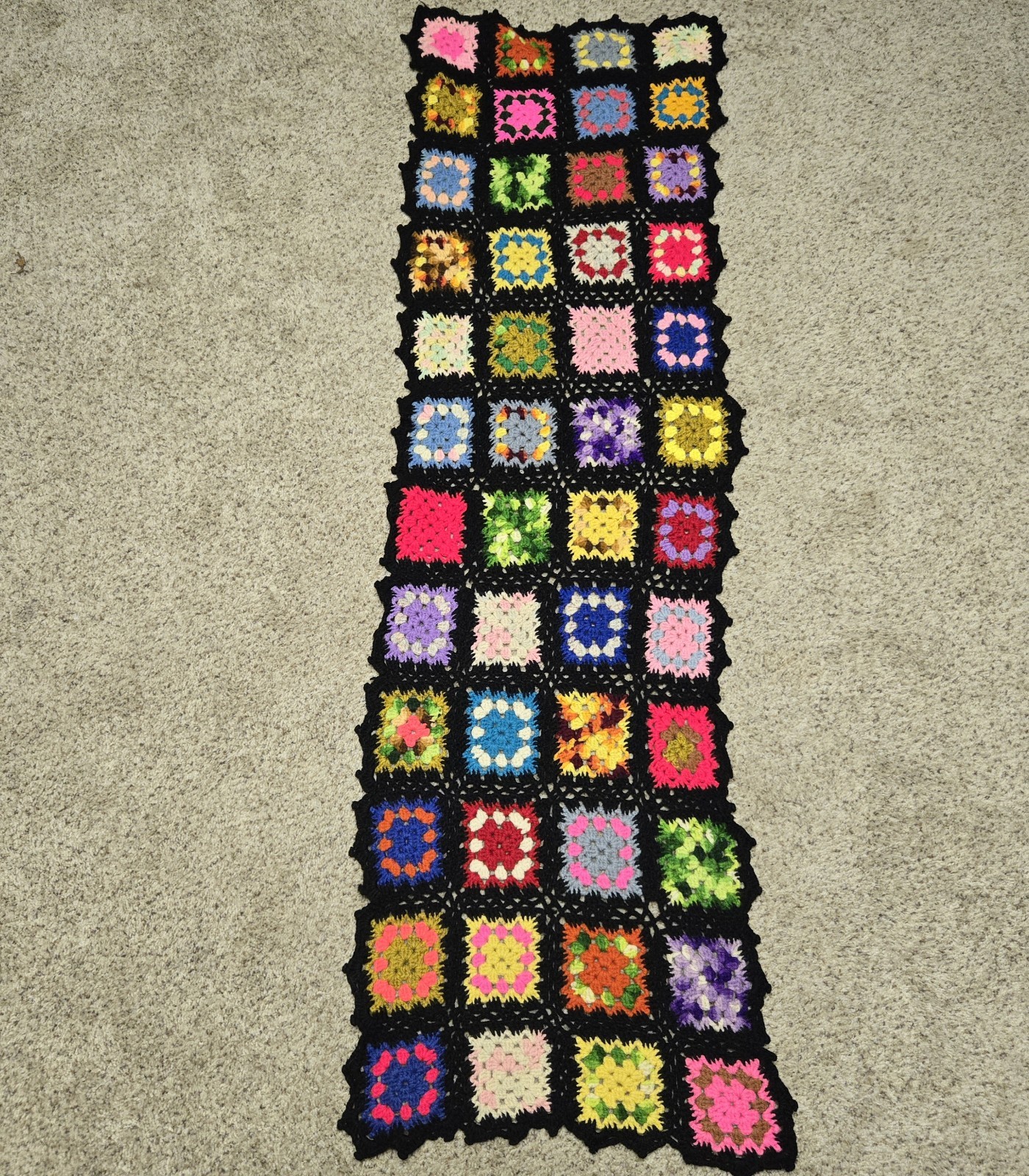 Crochet Granny Square Black Multicolor Afghan Roseanne Throw Runner 60&Prime; x 18&Prime;