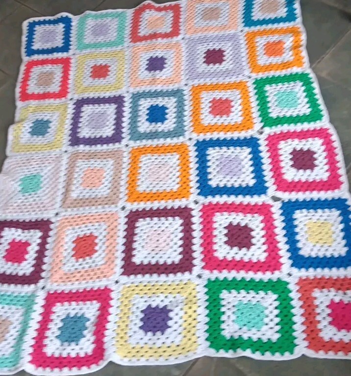 Granny Square Crochet Afghan Throw Blanket White Multi Color 62×50&Prime; Handmade Vtg