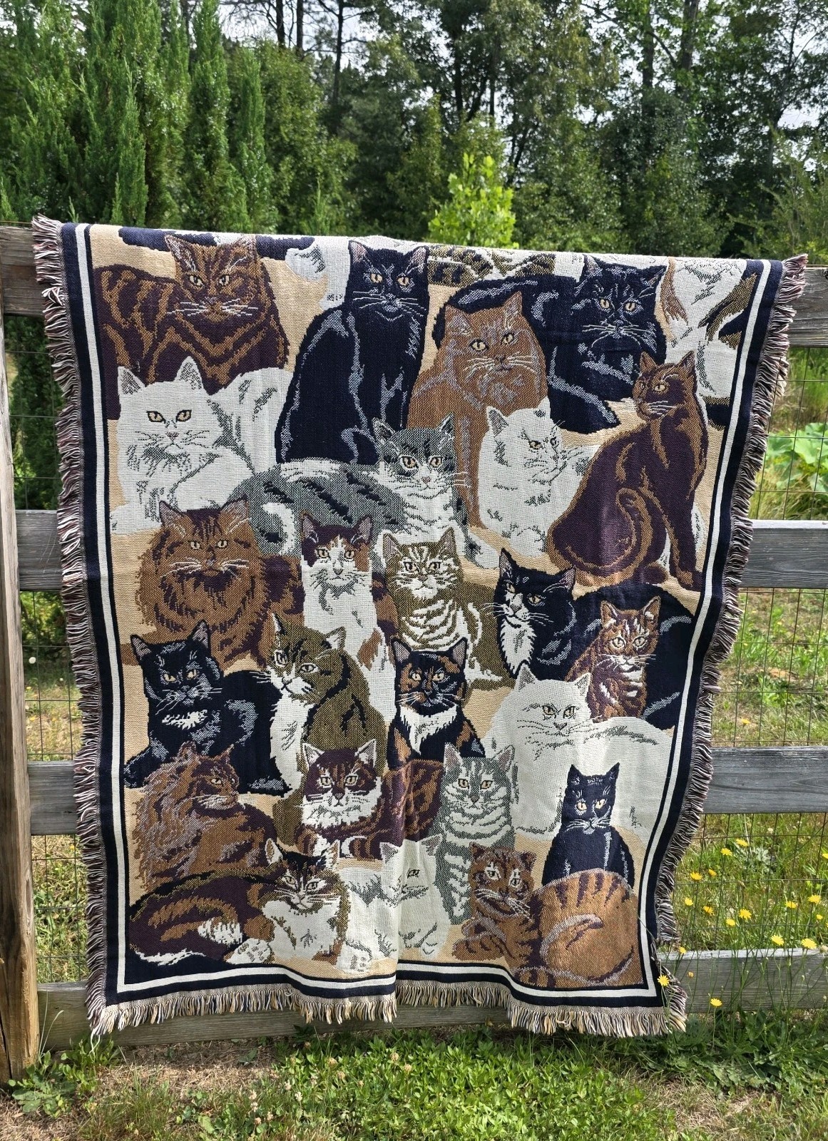 VTG Goodwin Weavers Cat Tapestry Blanket Woven Cotton Throw « Kitty Kingdom » USA
