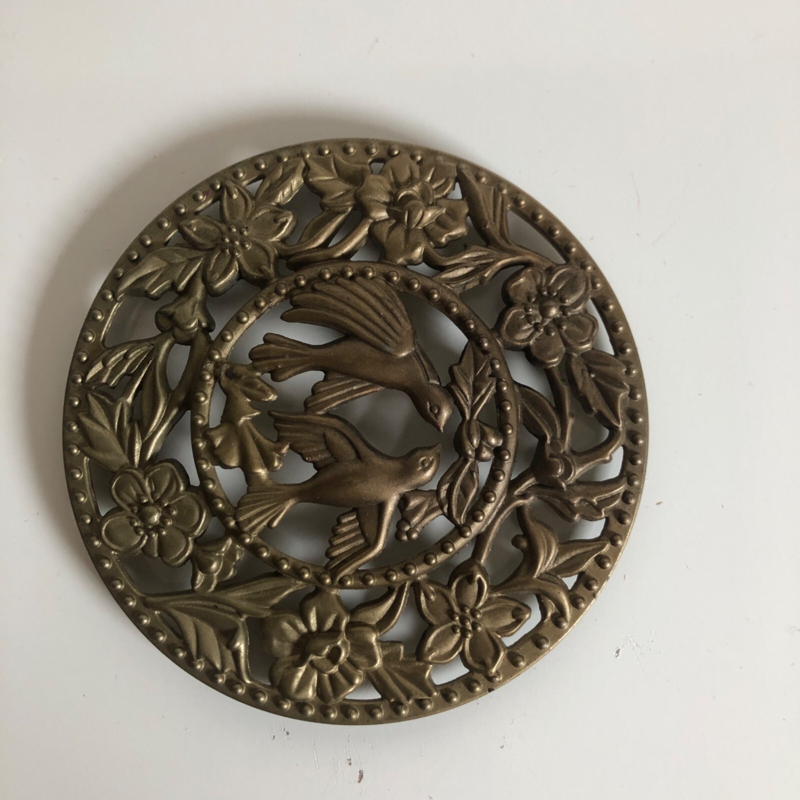 Brass Decorative Jar Lid Birds Flowers Design Victorian Floral 3.5×3.5in