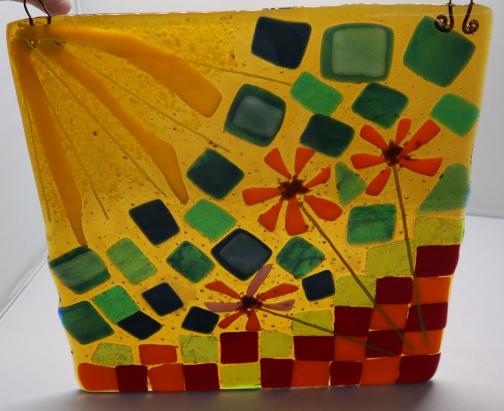 Vtg MCM Fused Art Glass large Window Hanging sun catcher. flowers Unique Piece