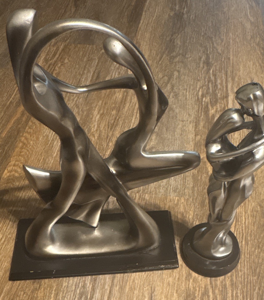 Abstract 2-Piece Romantic Couple Sculpture Set, Silver Resin, Freestanding
