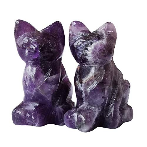2 Pcs Natural Amethyst Pocket Carved Lucky Cat Crystals and Healing Stones Fi…