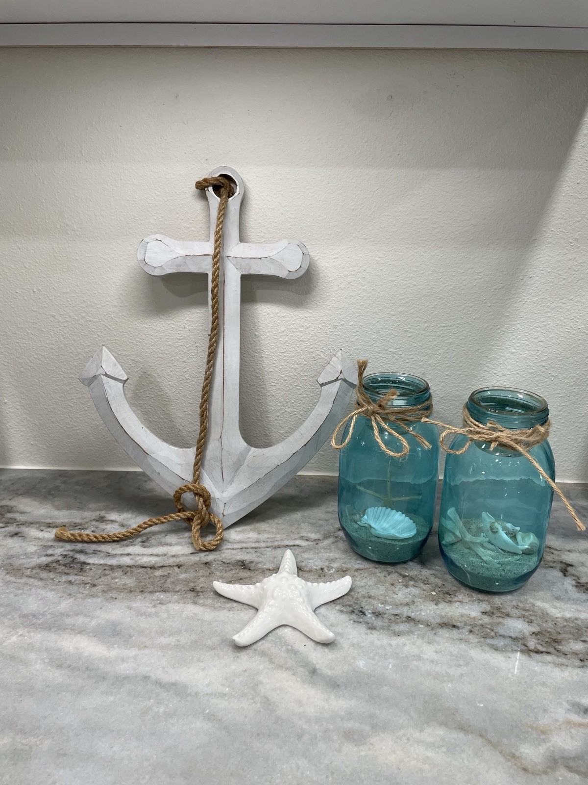 Nautical Coastal Decor Set Anchor Wall Art Blue Candle Jars Starfish Beach