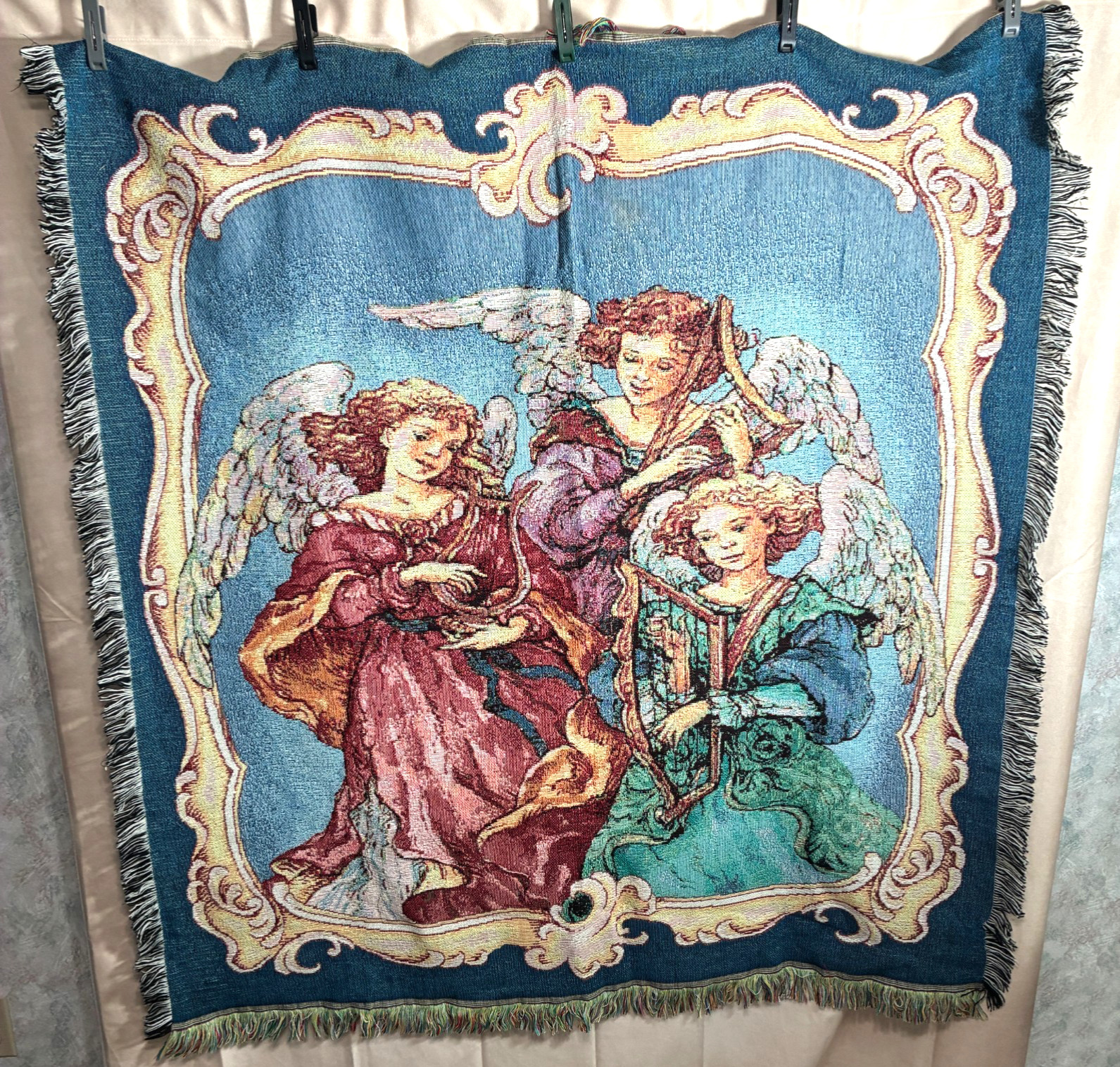 Tapestry Throw Blanket Angels Playing Musical Instruments 47.5&Prime; x 52.5&Prime; Fringed