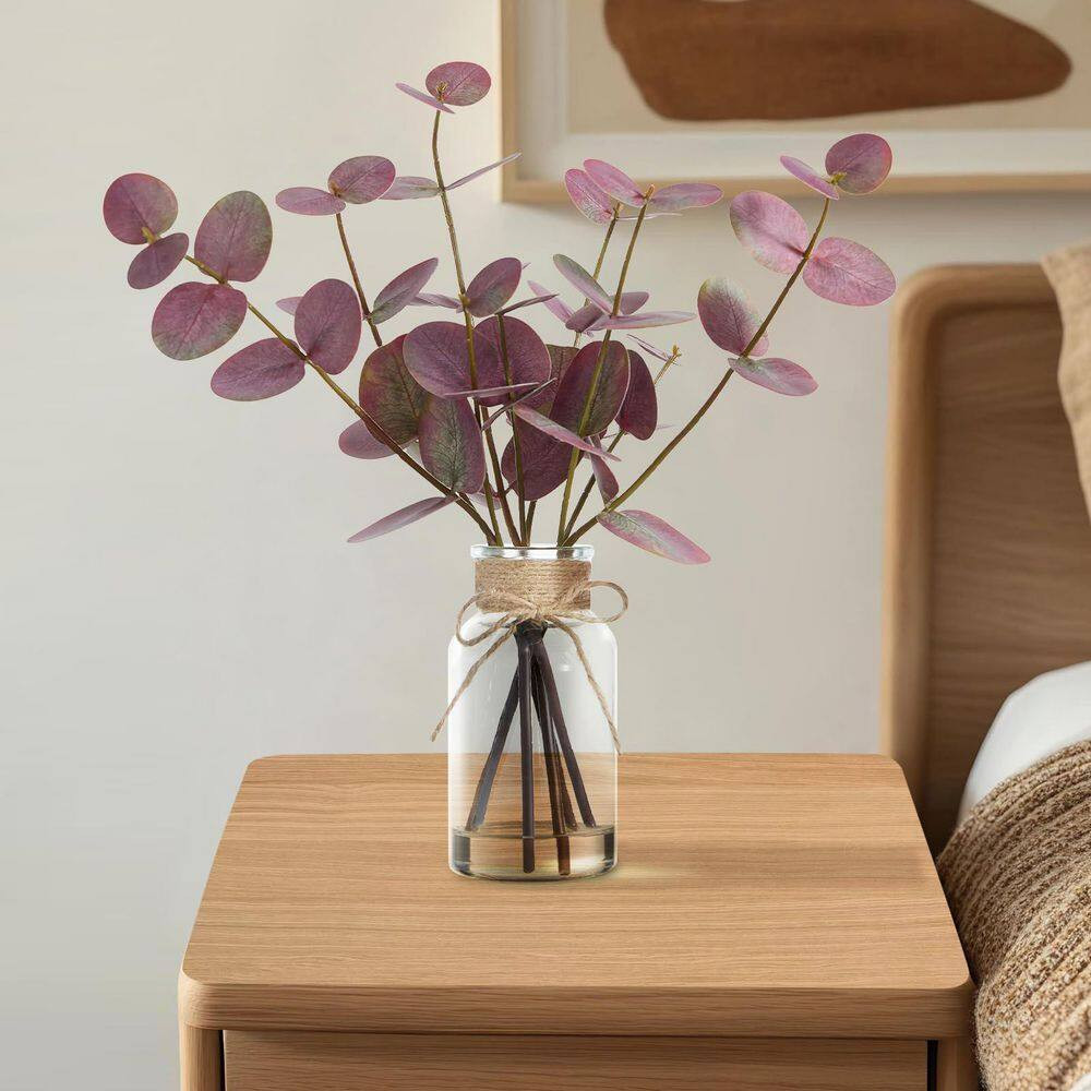 3.9 In. Green Indoor Artificial Eucalyptus Shrub with Glass Vase and Faux Water