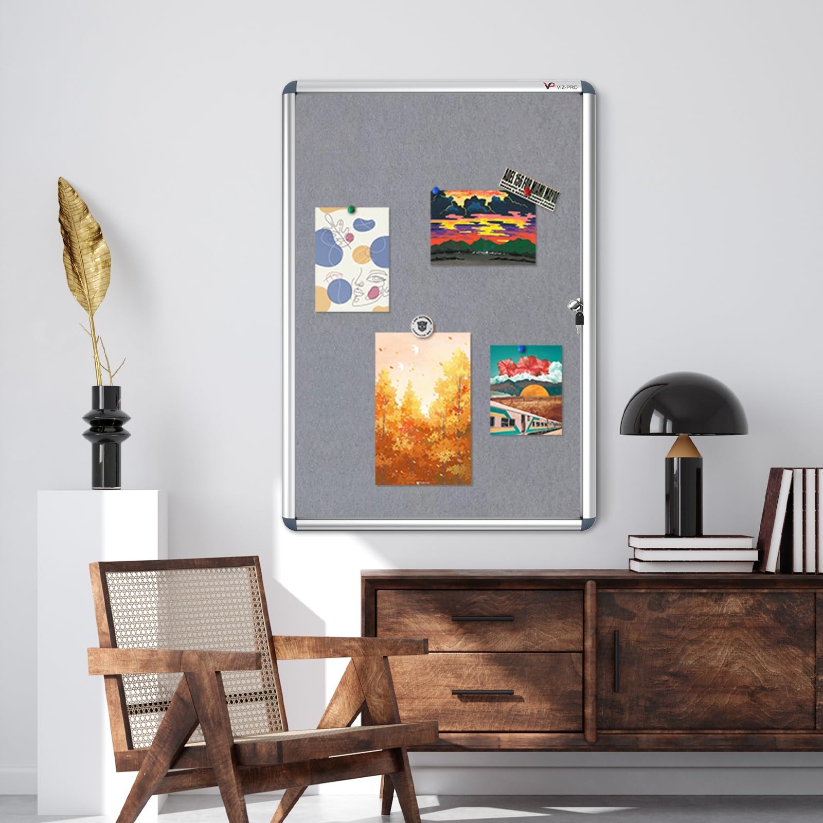 VIZ-PRO Tamperproof Lockable Gray Fabric Noticeboard Aluminium Framed 36×24 In