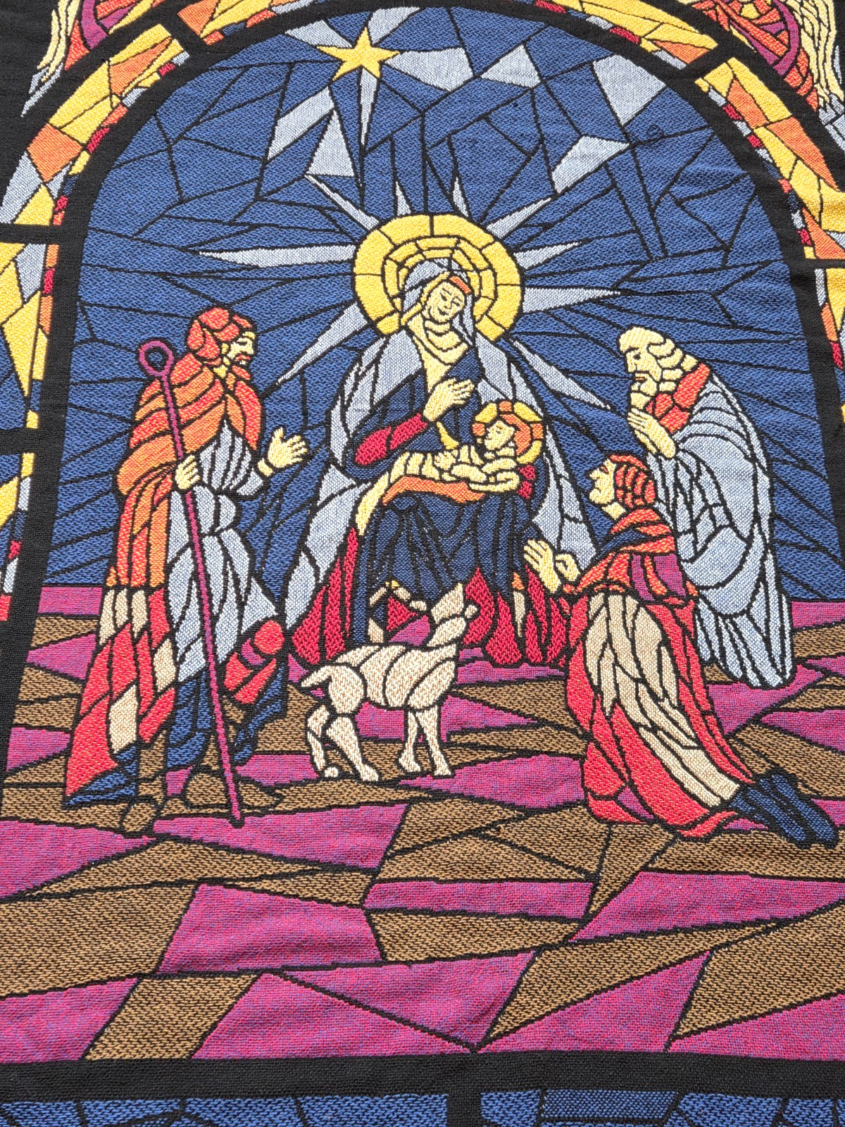 Christmas Woven Tapestry Blanket Throw Nativity Stained Glass Angel Fringe 51×73