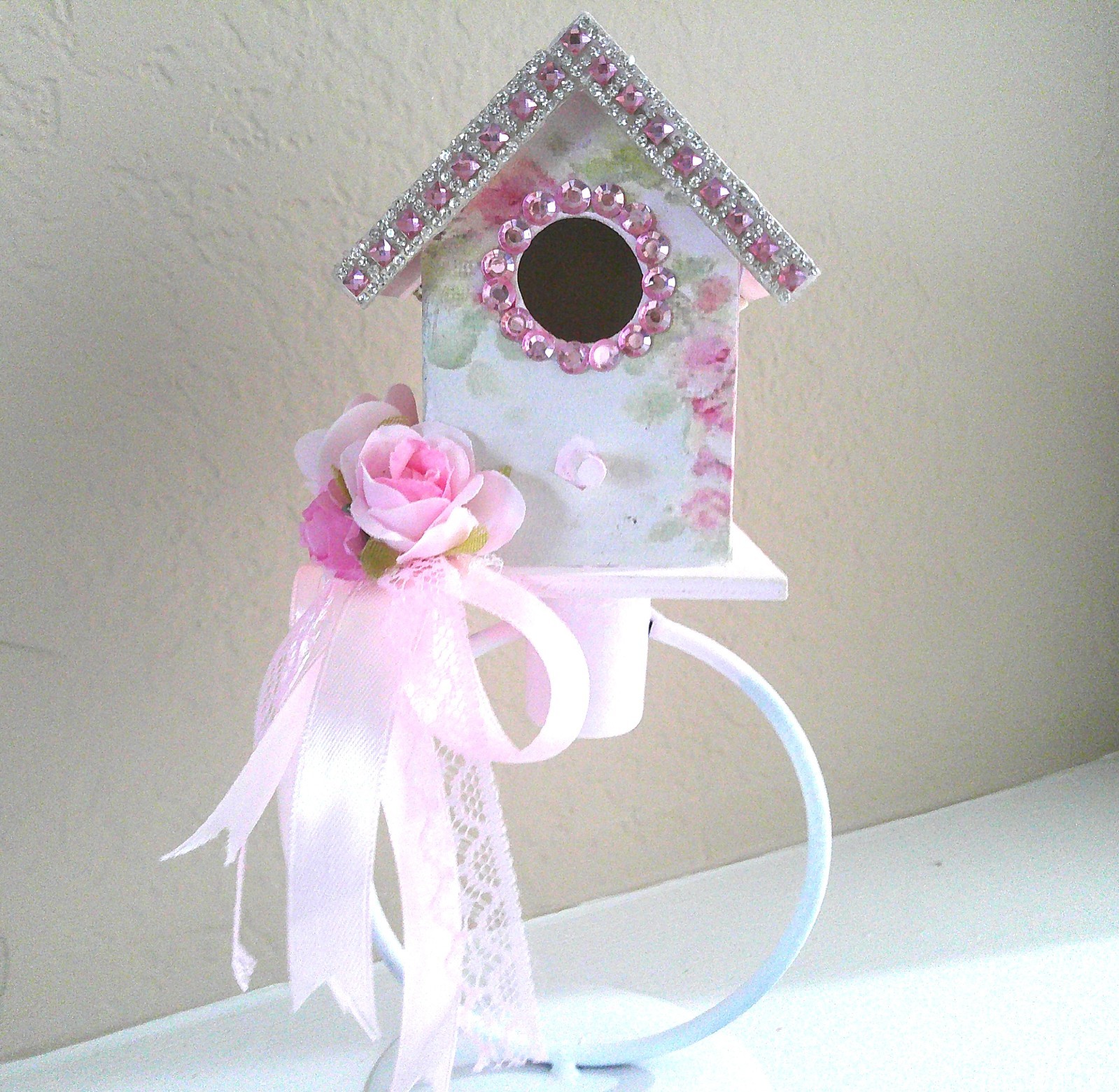 Shabby Chic Decorative Birdhouse Decor w/Pink Floral Design/Pink/Rhinestone Trim