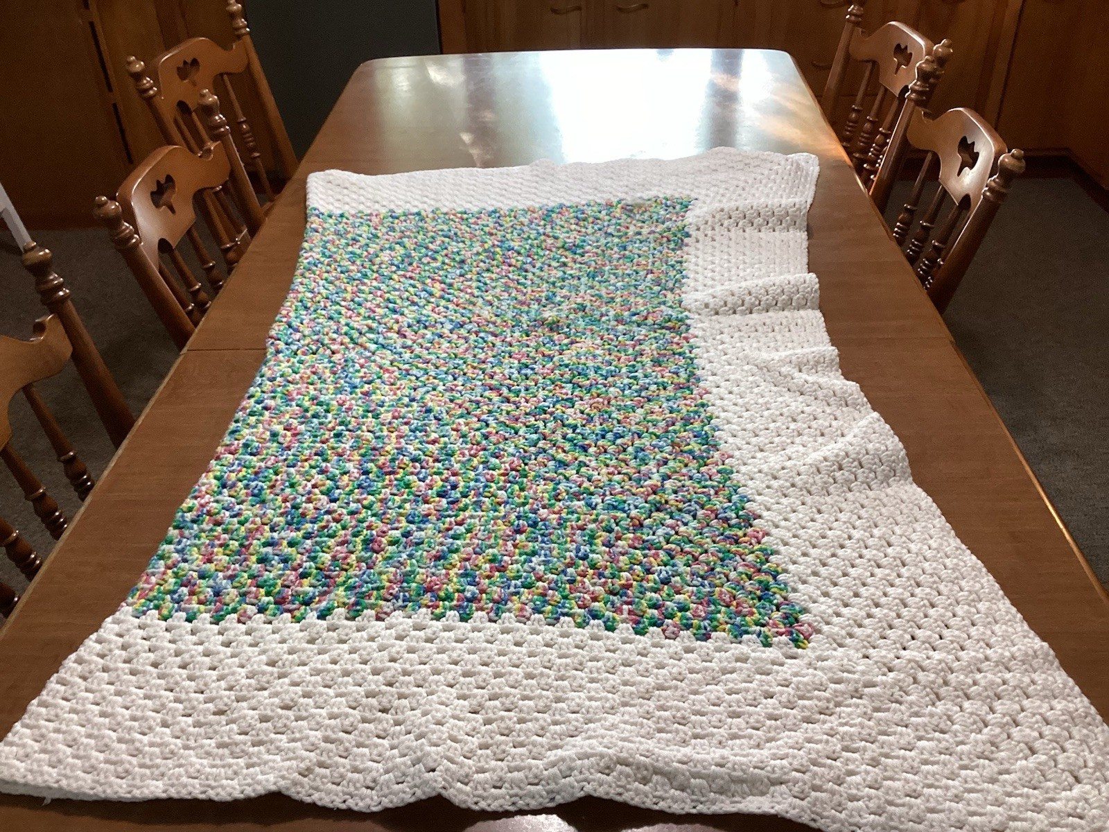 VTG Multi-Color Crochet Afghan Blanket w/ White Border 48&Prime; Wide x 64&Prime; Long