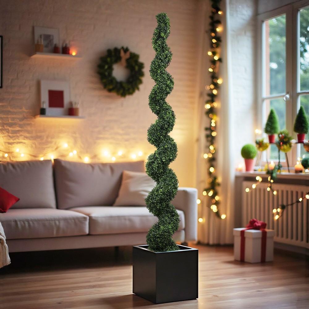 7FT Spiral Topiary Trees Artificial Outdoor Faux Plants Twisted Green Potted