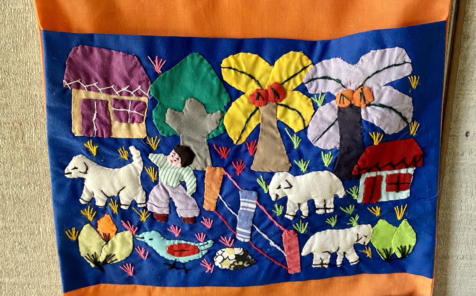 Peruvian Arpillera Embroidered Textile Wall Pockets Handmade Folk Art