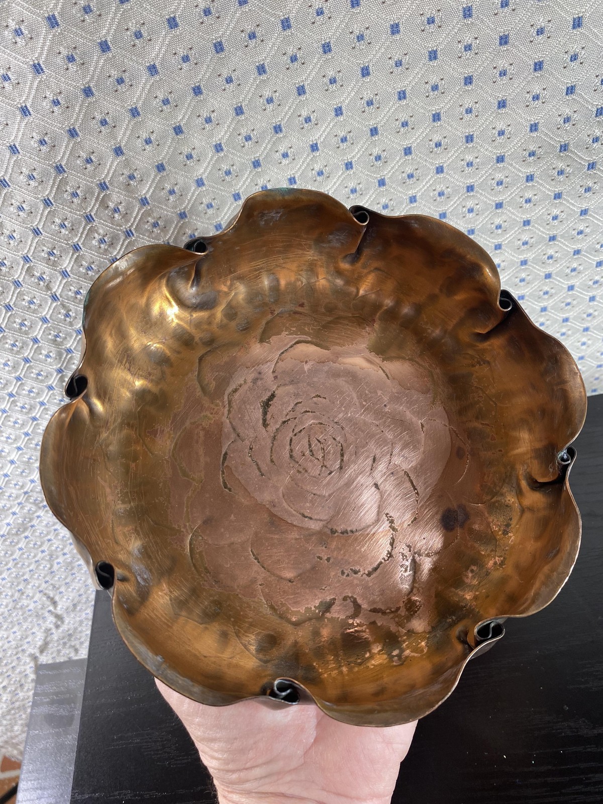 Vintage Craftsman Copper Hand Made Rose Flower Bowl Dish USA Hammered Decor