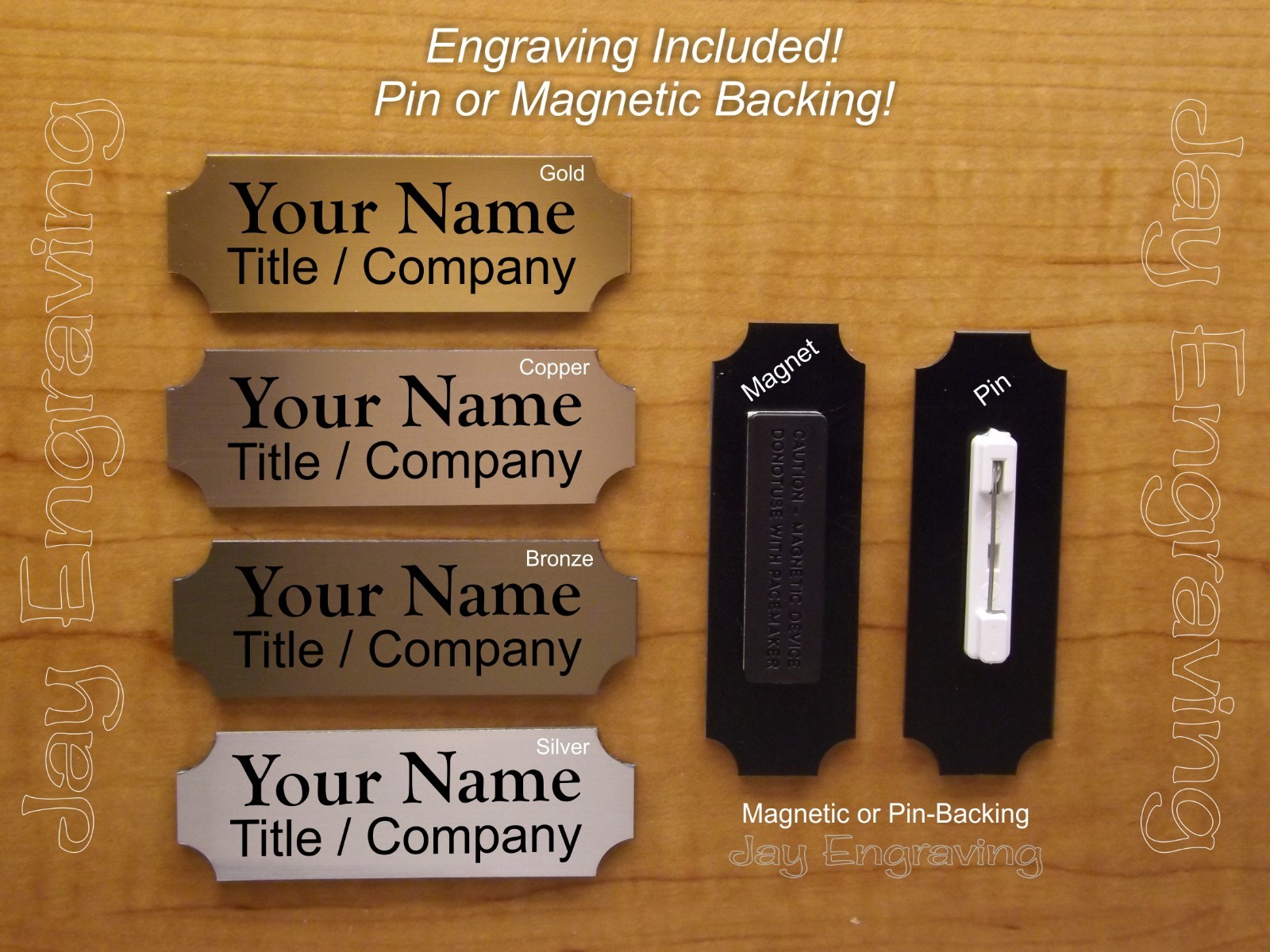 Custom Engraved Name Tag with Magnetic or Pin Clasp | Gold Silver Copper Bronze