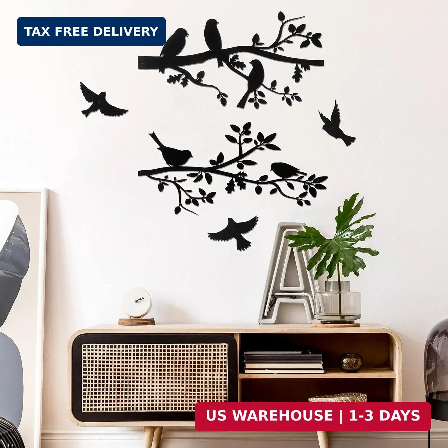 Metal Wall Art Birds on Branch Set of 5 Hanging Bird Silhouette Garden Decor