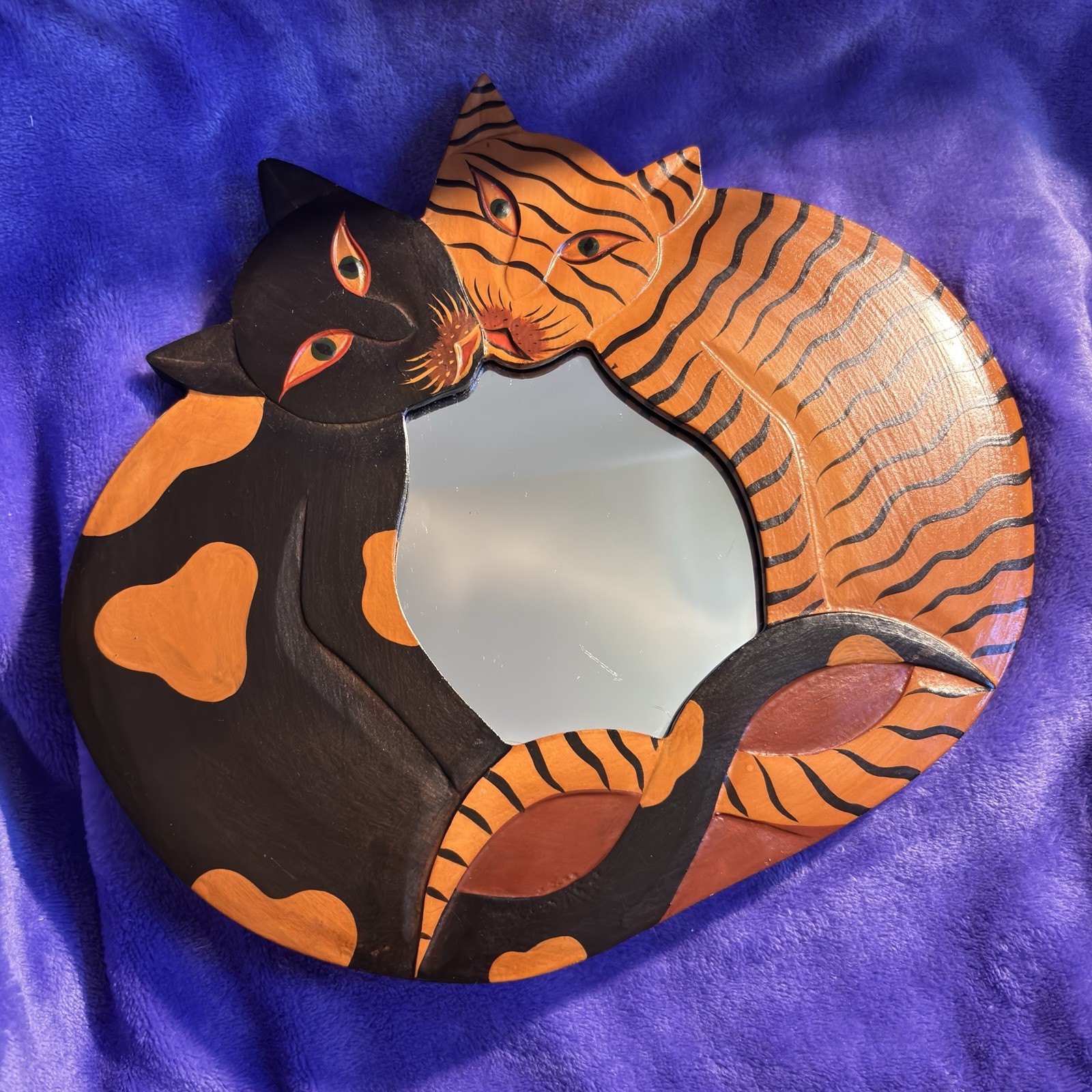 Cat Theme Wood Frame Accent Wall Mirror, Wall Mounted, Black & Orange