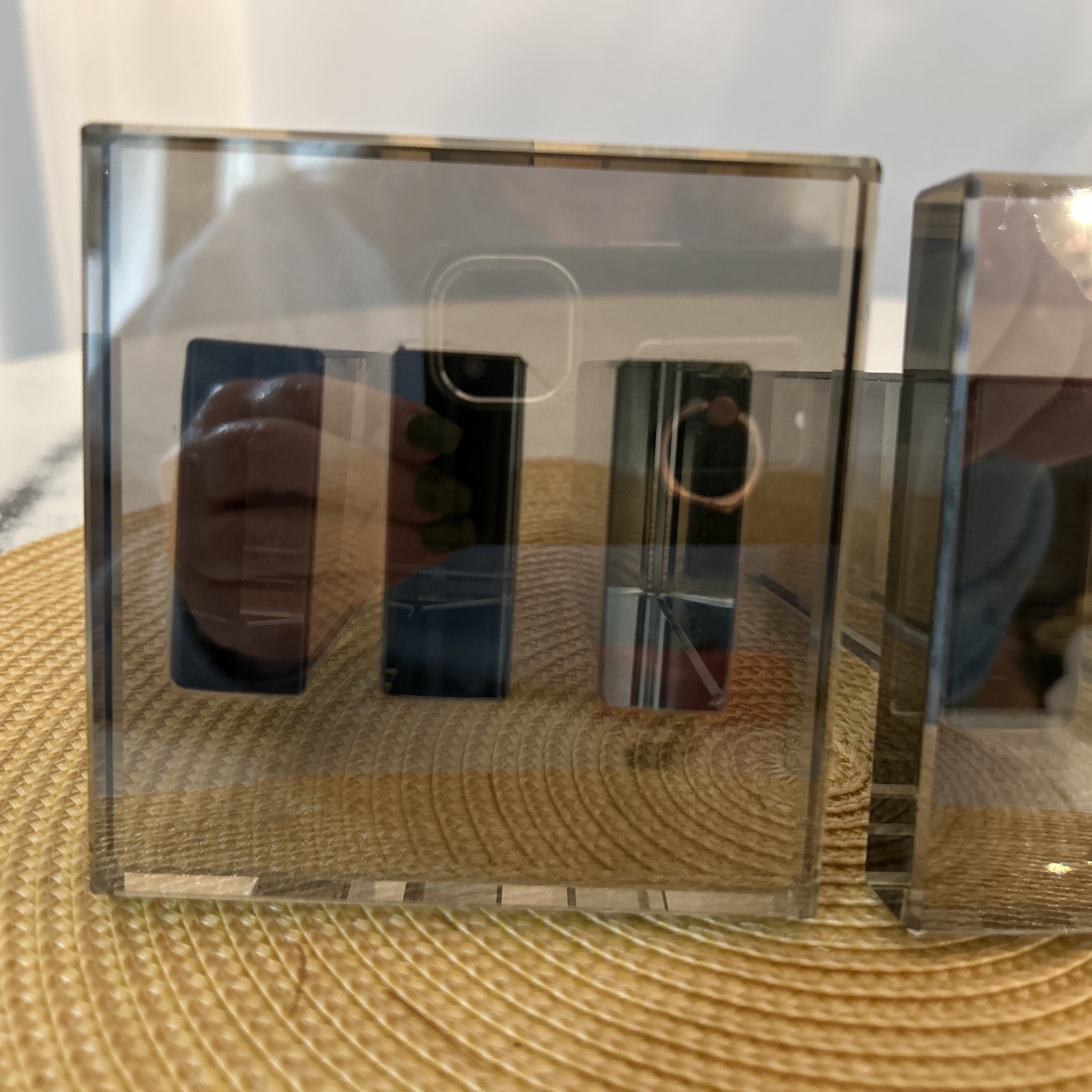 Geometric Smokey Clear Crystal Bookends (2) Pillars 6”Hx4”Lx4”W