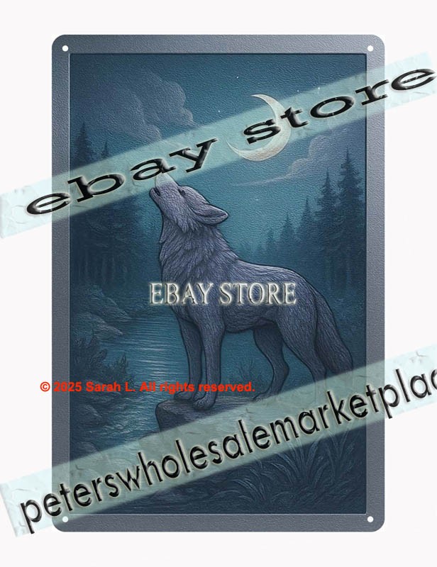 Wolf Howl Tin Sign 3D Look Moonlit Forest Art