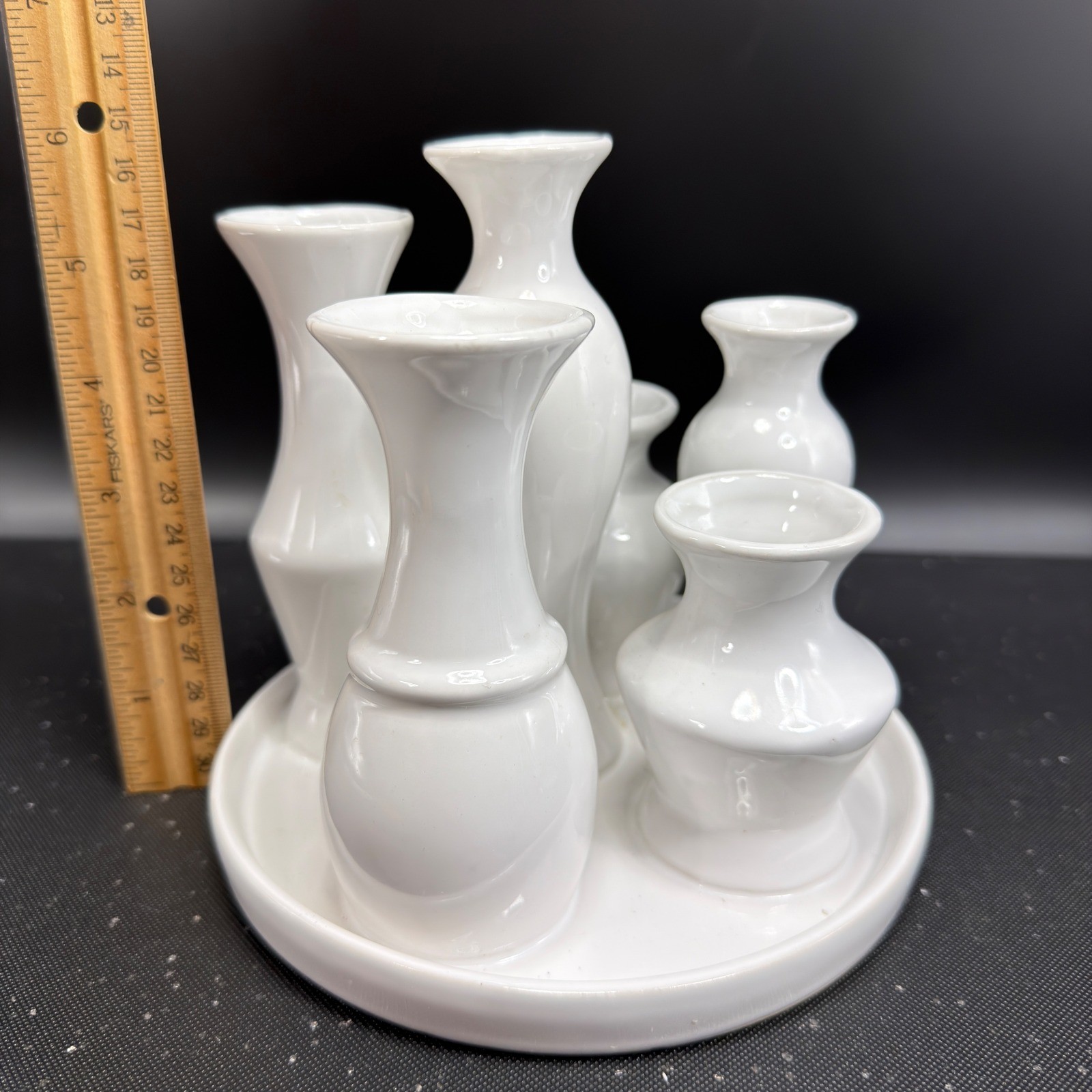 White Ceramic Multi Bud Vase Cluster 6 Opening Attached Floral Centerpiece 6in