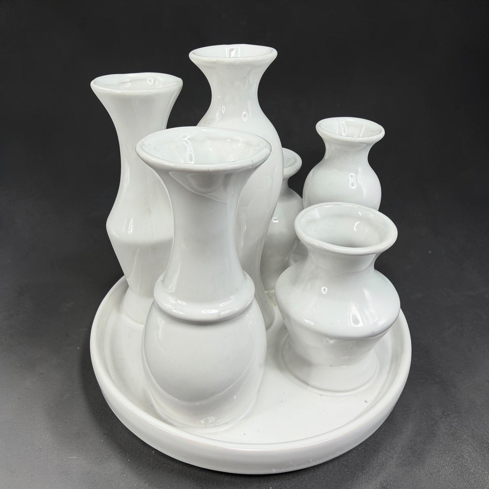 White Ceramic Multi Bud Vase Cluster 6 Opening Attached Floral Centerpiece 6in