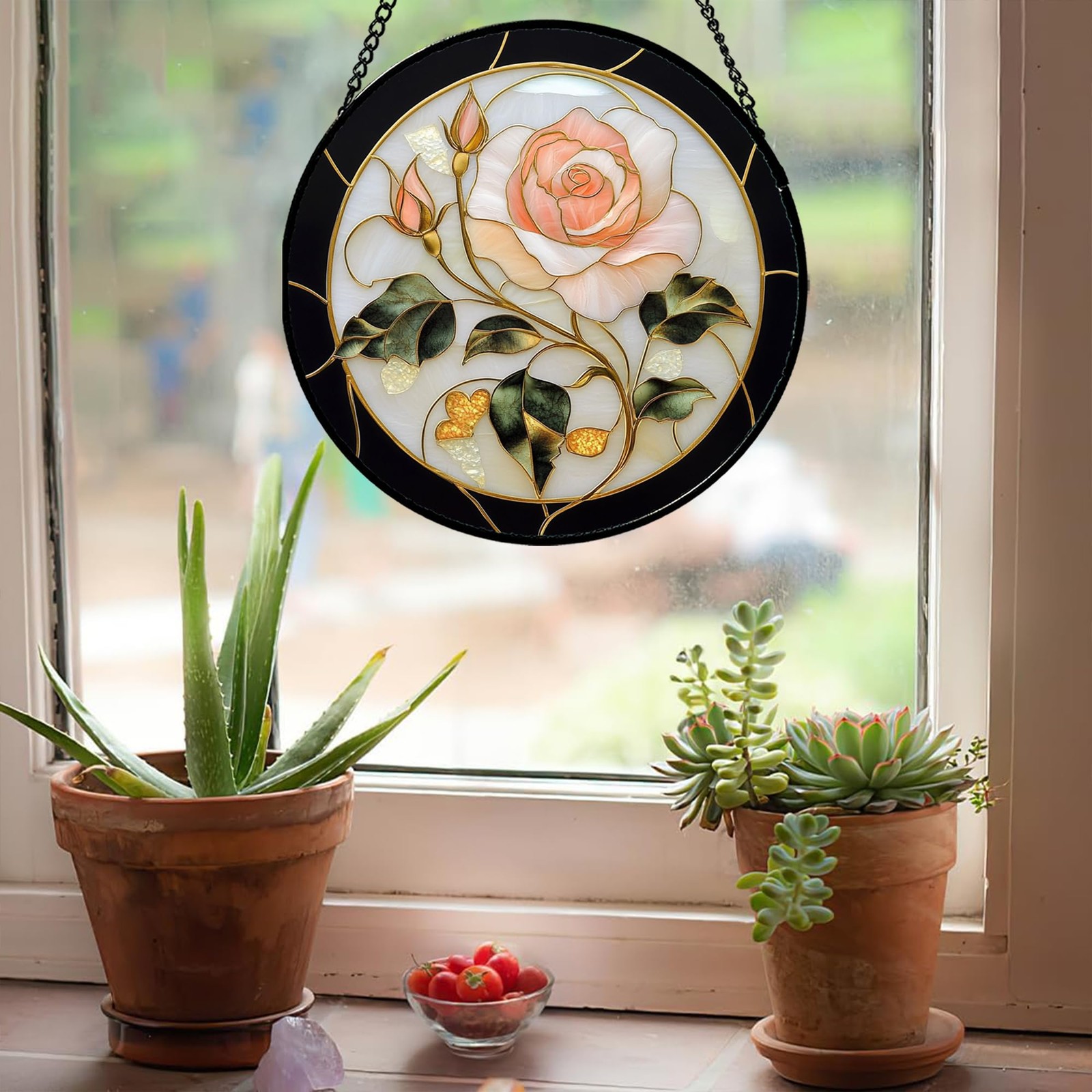 Stained Glass Sun Catcher Black Pink Rose Window Decor Gift for All Occasions