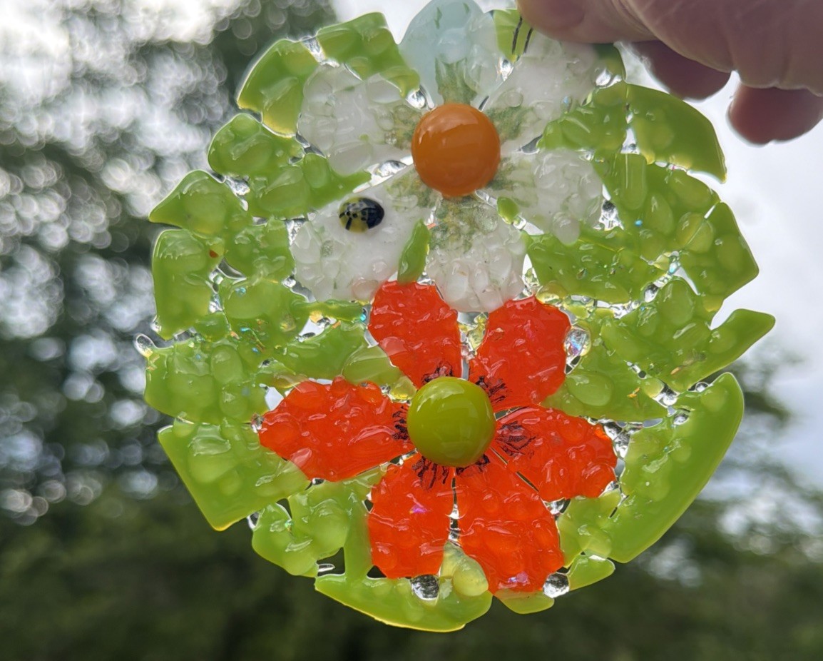 Fused Glass Handmade Round Multicolor Flower Sun Catcher Signed By Artist