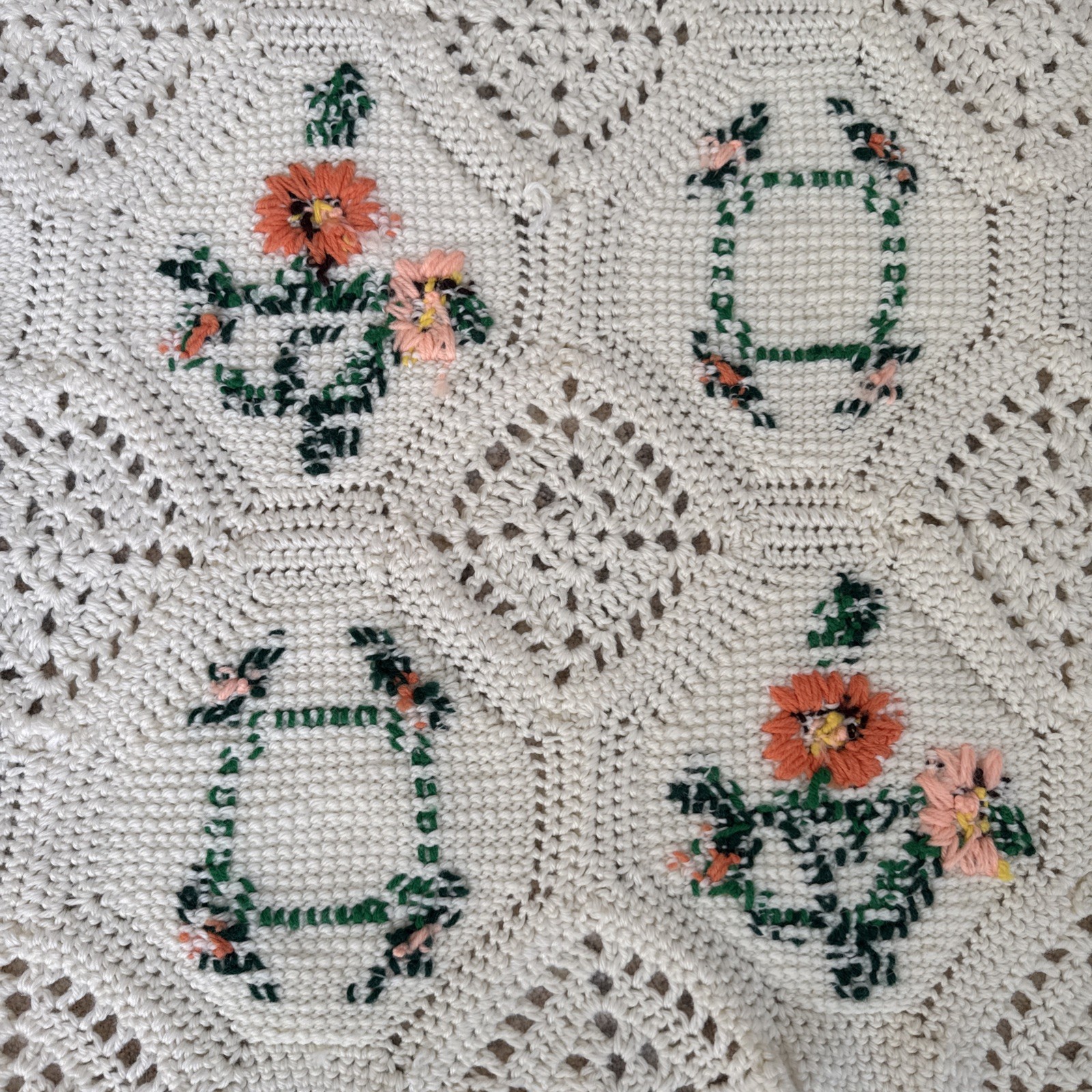 Cream Crocheted Blanket w/ Hexagons Embroidered Peach Floral Designs Fringe Ends