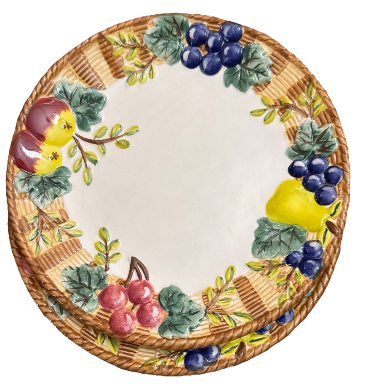 CIC Ceramic Fruit Plate with Woven Basket Trim 7.5 In. Set of 2