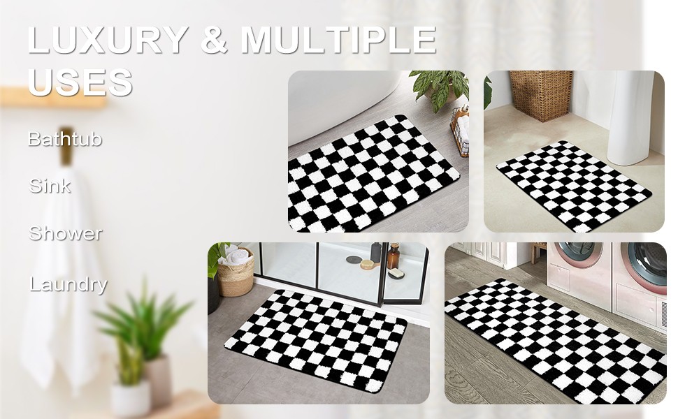Bath Mats for Bathroom, Black and White Checkered Machine Washable Bathroom Rug