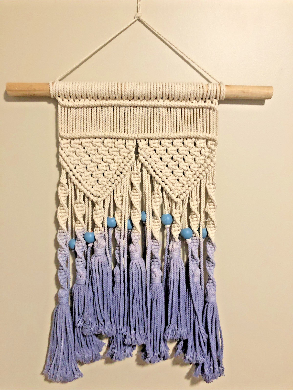 Macrame Blue/Natural Ombre Hand tied Wall hanging Vintage Dyed with Wood Beads!