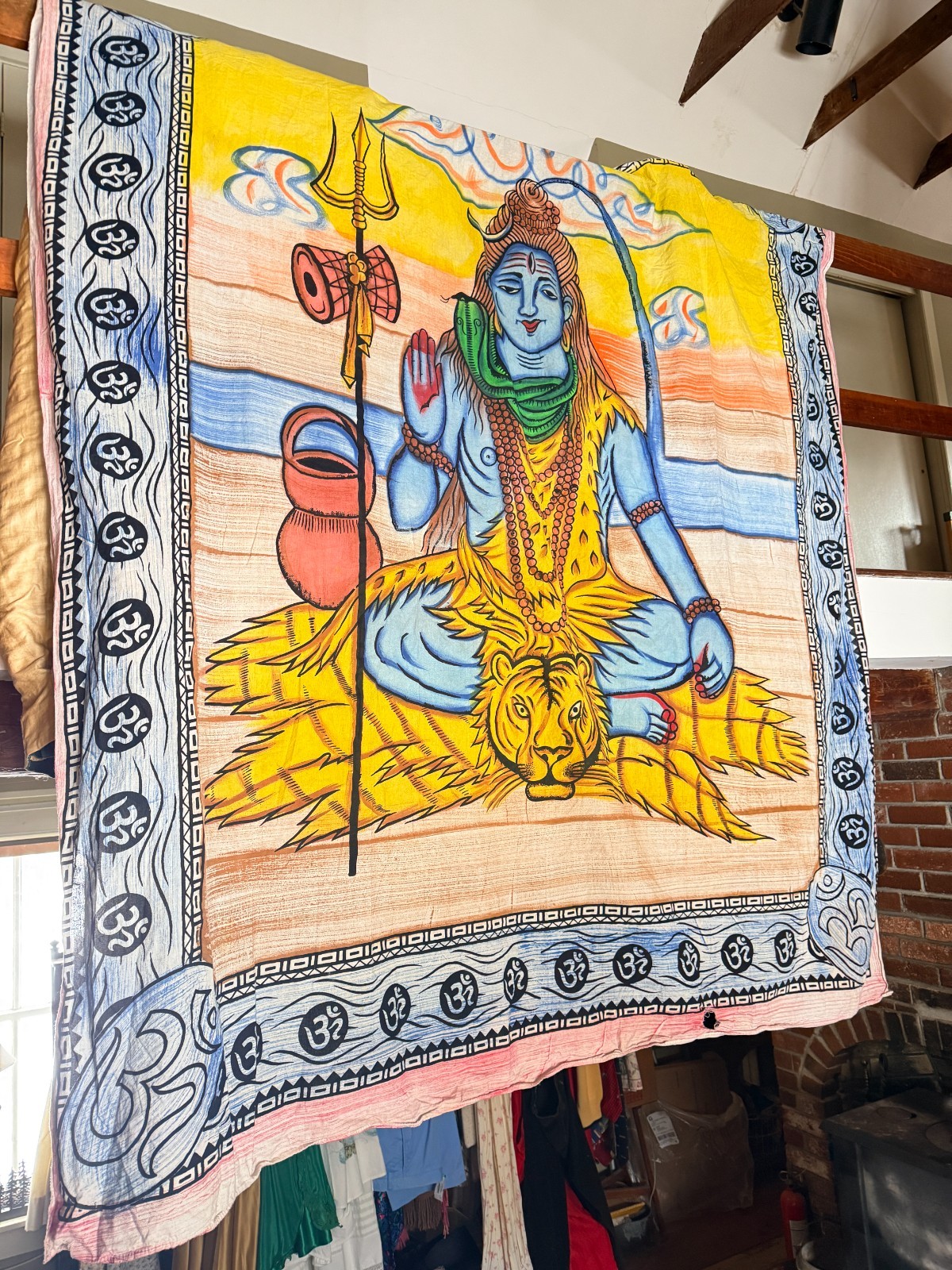 Lord Shiva Hand Painted Lg Tapestry Cotton Wall Hanging Trident Tiger Snake