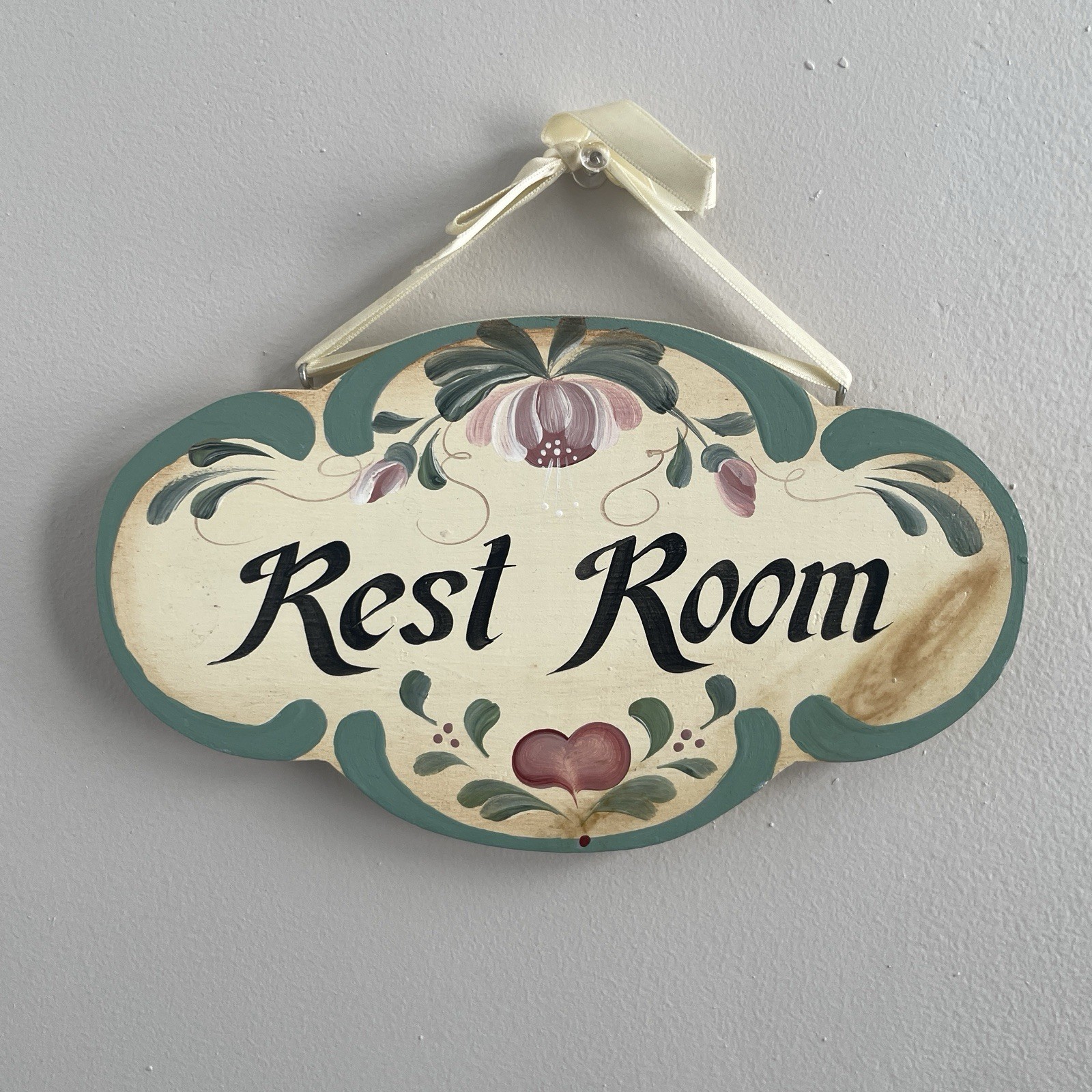 Vintage 1988 Hand Painted Rest Room Bathroom Sign Cottage Shabby Chic Decor