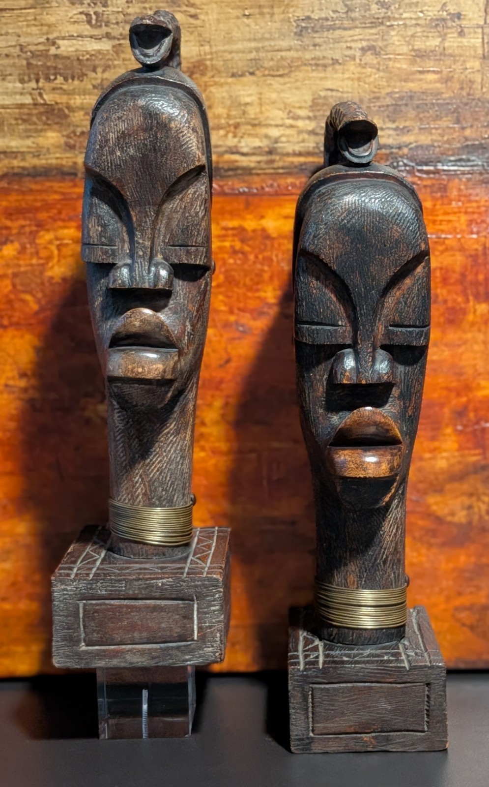 Set of 2 14&Prime; African Women Bust w/ Snake Hand Carved Wooden Sculptures w/ Stand
