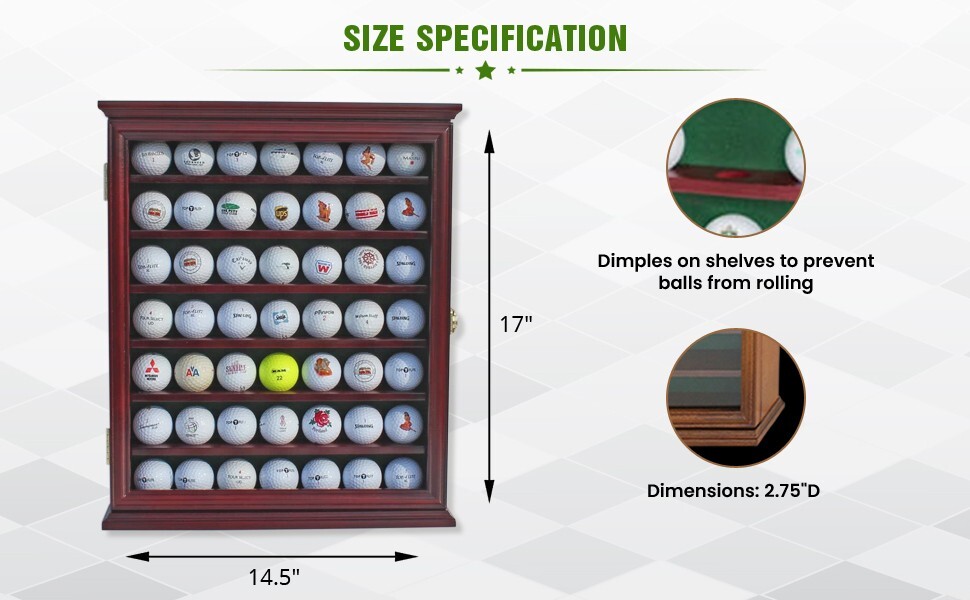 Golf Ball Display Case 49 Pcs Cherry & Green Wall Glass Door Cabinet Wood Rack